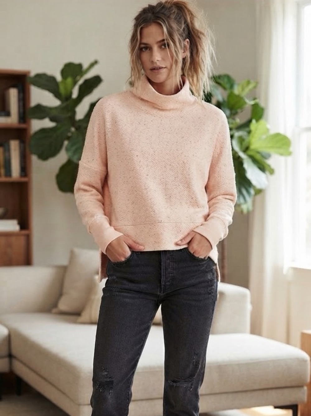Calia Women's Turtleneck Sweater - Light Pink w gray mingle